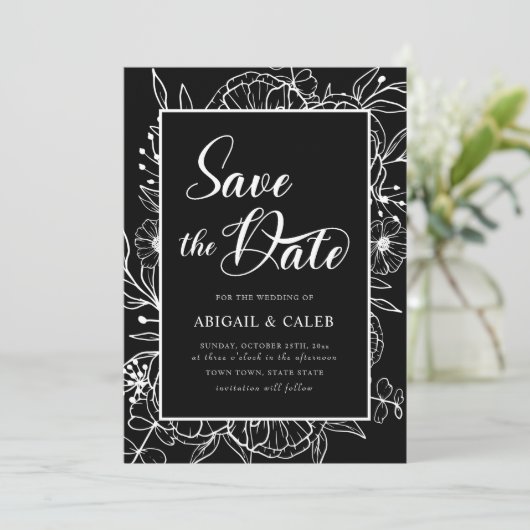Florale bruiloft met zwarte en witte inkt save the date (Staand voorkant)