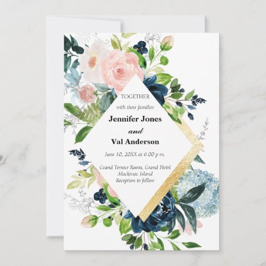 Florale bruiloft rond marineplek en goudWaterverf Kaart (Voorkant)