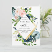 Florale bruiloft rond marineplek en goudWaterverf Kaart (Staand voorkant)