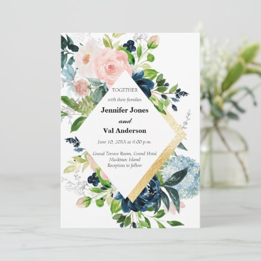 Florale bruiloft rond marineplek en goudWaterverf Kaart (Staand voorkant)