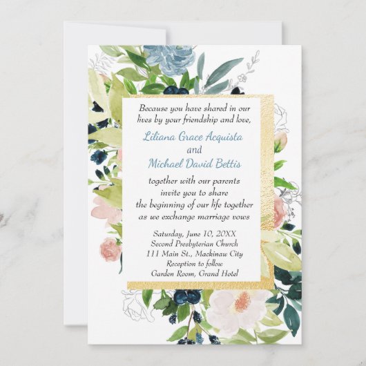 Florale bruiloft rond marineplek en goudWaterverf Kaart (Voorkant)