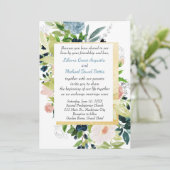 Florale bruiloft rond marineplek en goudWaterverf Kaart (Staand voorkant)