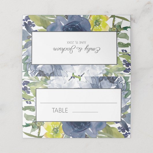 Florale bruiloft rond Navy Blue Yellow White Water Plaatskaartje (Buitenkant ongevouwen)