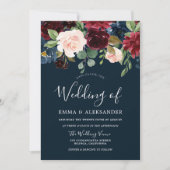 Florale bruiloft van Burgundy Blush & Navy Waterve Kaart (Voorkant)