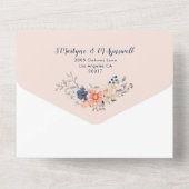 Florale bruiloft van Navy Blue Blush Pink Waterver All In One Uitnodiging (Achterkant)