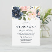 Florale bruiloft van Navy Blue Blush Pink Waterver Kaart (Staand voorkant)