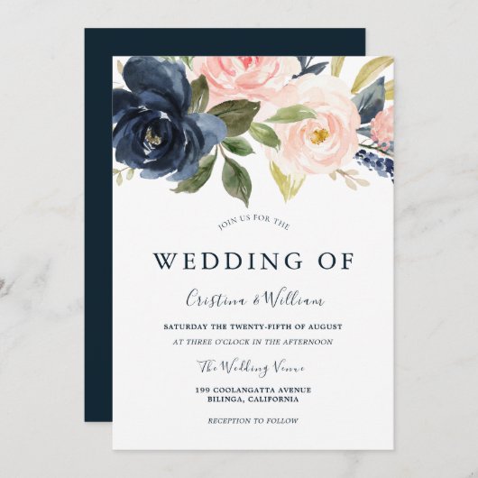 Florale bruiloft van Navy Blue Blush Pink Waterver Kaart (Voorkant / Achterkant)