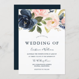 Florale bruiloft van Navy Blue Blush Pink Waterver Kaart