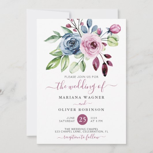 Florale bruiloft van Navy Blue en Wine Waterverf Kaart (Voorkant)