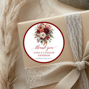 Florale Burgundy Herfst Trouwsticker Ontwerp Ronde Sticker