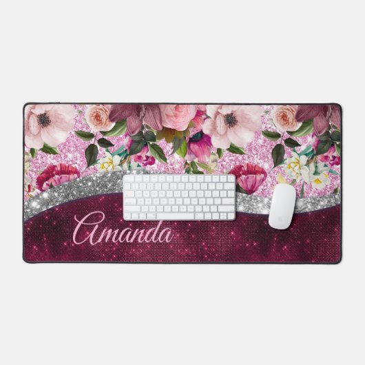 florale Burgundy roze faux monogram Bureaumat (Keyboard & Muis)