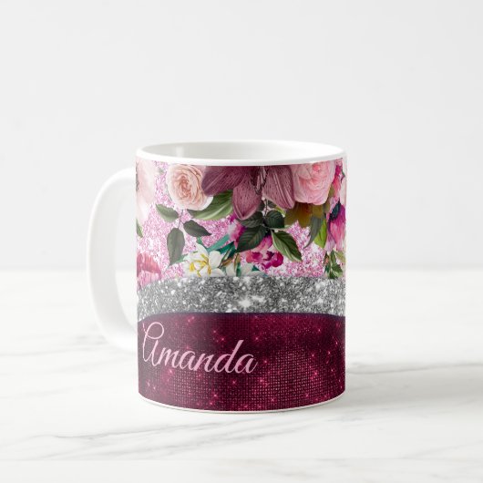 florale Burgundy roze faux monogram Koffiemok (Voorkant links)