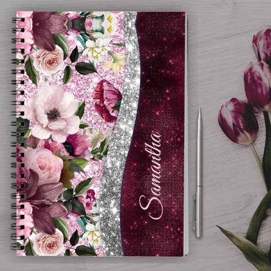 florale Burgundy roze faux monogram Notitieboek