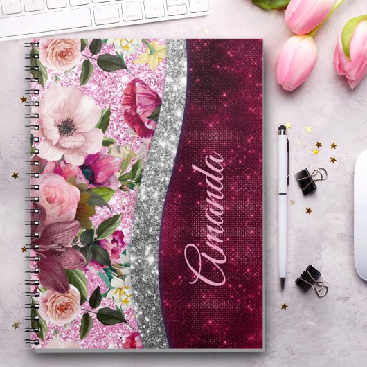 florale Burgundy roze faux monogram Notitieboek
