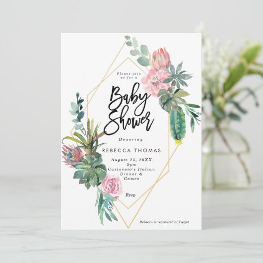 florale cactus geometrische baby shower-uitnodigin kaart (Staand voorkant)
