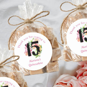 Florale Chic Nummer 15 Roze en Gouden Quinceanera Ronde Sticker