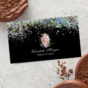 Florale Cupcake Kleurrijk Confetti, Zwart Visitekaartje