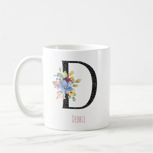 Florale D-monogram naam zwarte polka stip koffiemo Koffiemok