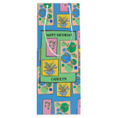 florale doodle art blauw , verjaardag , jouw naam wijn cadeautas (Achterkant)