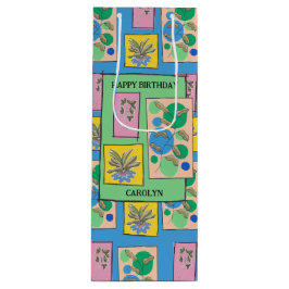  florale doodle art blauw , verjaardag , jouw naam wijn cadeautas