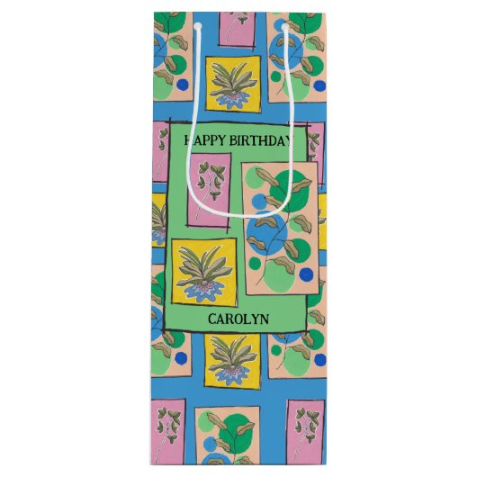 florale doodle art blauw , verjaardag , jouw naam wijn cadeautas (Voorkant)