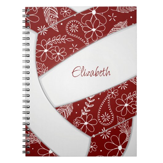 florale doodle maroon white volleyball journal notitieboek (Voorkant)
