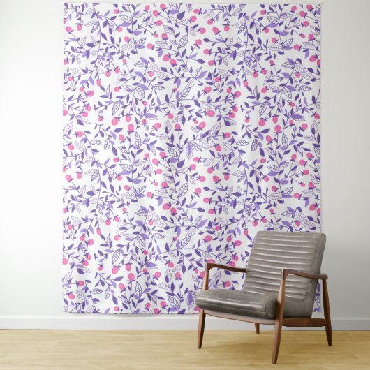 Florale doodles roze en violet wandkleed (In situ)