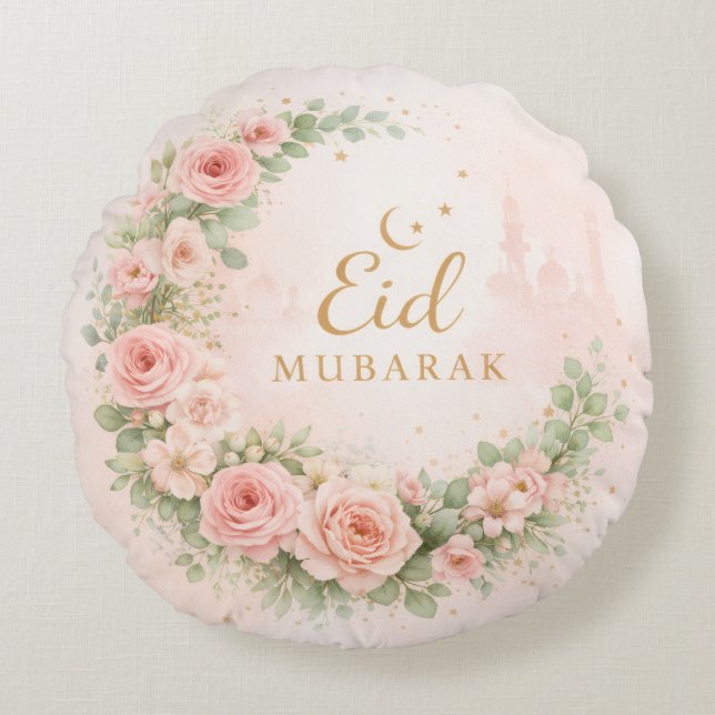 Florale Eid Mubarak – Roze Islamitisch Cadeau f Rond Kussen (Voorkant)