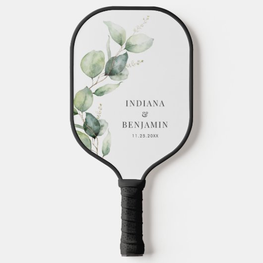 Florale Eucalyptus Bladeren Script Huwelijk Pickleball Paddle (Voorkant)