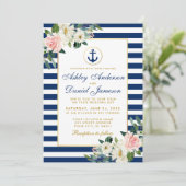 Florale foto van Nautical Wedding Blue Stripes Kaart (Staand voorkant)