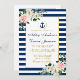 Florale foto van Nautical Wedding Blue Stripes Kaart