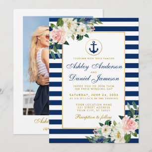 Florale foto van Nautical Wedding Blue Stripes Kaart