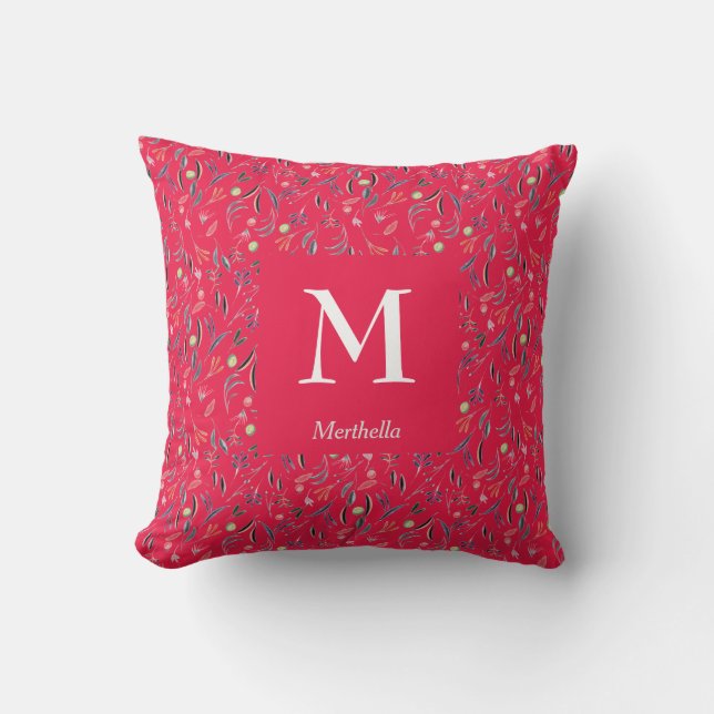 FLORALE Framboos | Gepersonaliseerd | MONOGRAM Kussen (Voorkant)