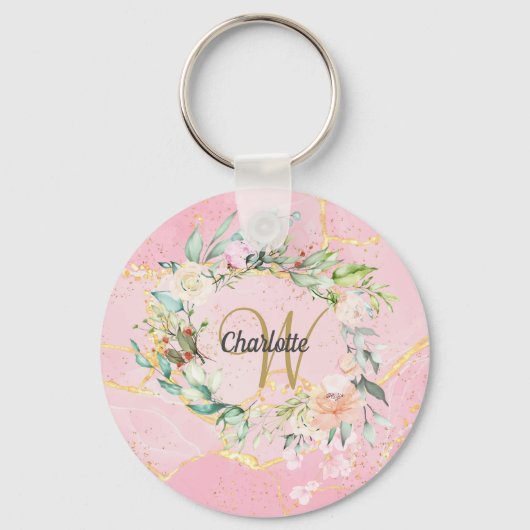 Florale Geode Agaat Gouden Script Monogram Sleutelhanger (Voorkant)