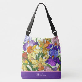  florale, geverfde irissen, op maat gesneden crossbody tas