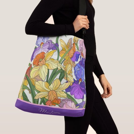  florale, geverfde irissen, op maat gesneden crossbody tas (Dichtbij)
