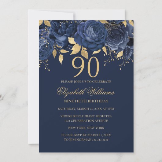 Florale Goud Navy Roos 90ste Verjaardag Kaart (Voorkant)