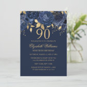 Florale Goud Navy Roos 90ste Verjaardag Kaart (Staand voorkant)
