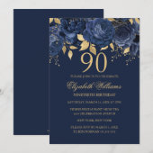 Florale Goud Navy Roos 90ste Verjaardag Kaart (Voorkant / Achterkant)