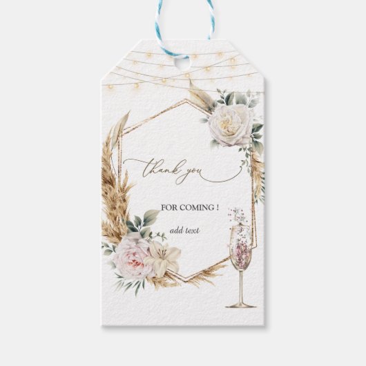Florale gouden lijst champagneglas bruiloft cadeaulabel (Voorkant)