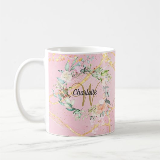 Florale Gouden Script Monogram Roze Geode Agaat Koffiemok (Links)