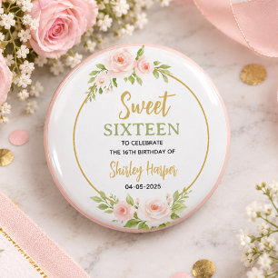 Florale Gouden Script Sweet Sixteen Verjaardag Ronde Button 3,2 Cm