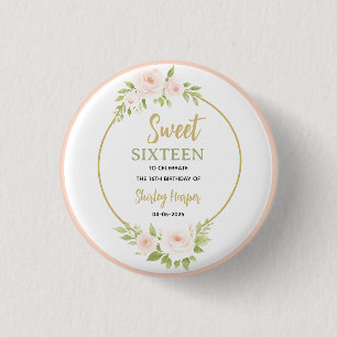 Florale Gouden Script Sweet Sixteen Verjaardag  Ronde Button 3,2 Cm