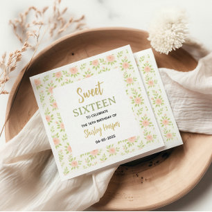 Florale Gouden Script Sweet Sixteen Verjaardag Servet