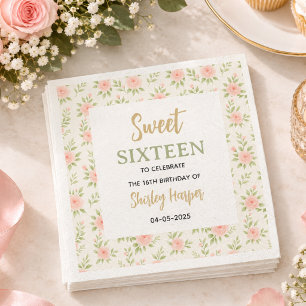Florale Gouden Script Sweet Sixteen Verjaardag Servet