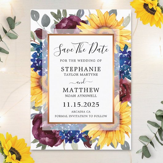 Florale grens tussen Sunflower Burgundy Navy Save The Date