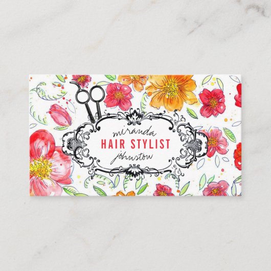 florale haarstylist haarstaartstrepen visitekaartje (Voorkant)