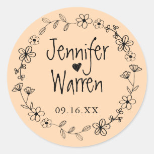 Florale handgetekende krans gepersonaliseerde trou ronde sticker