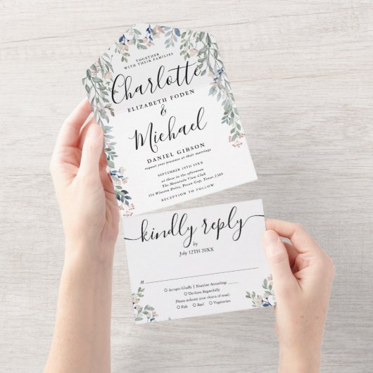 Florale handtekening script monogram bruiloft  all in one uitnodiging (Afscheurbaar)