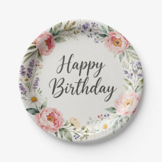 Florale Happy Birthday Papieren Bord | Lente Feest